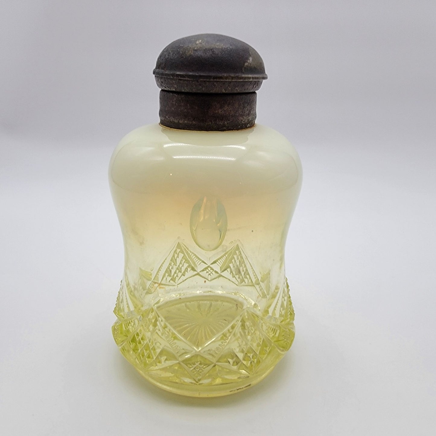Antique National Glass Co Vaseline Opalescent Syrup Mollasses Jug  Diamond Spearhead No.22