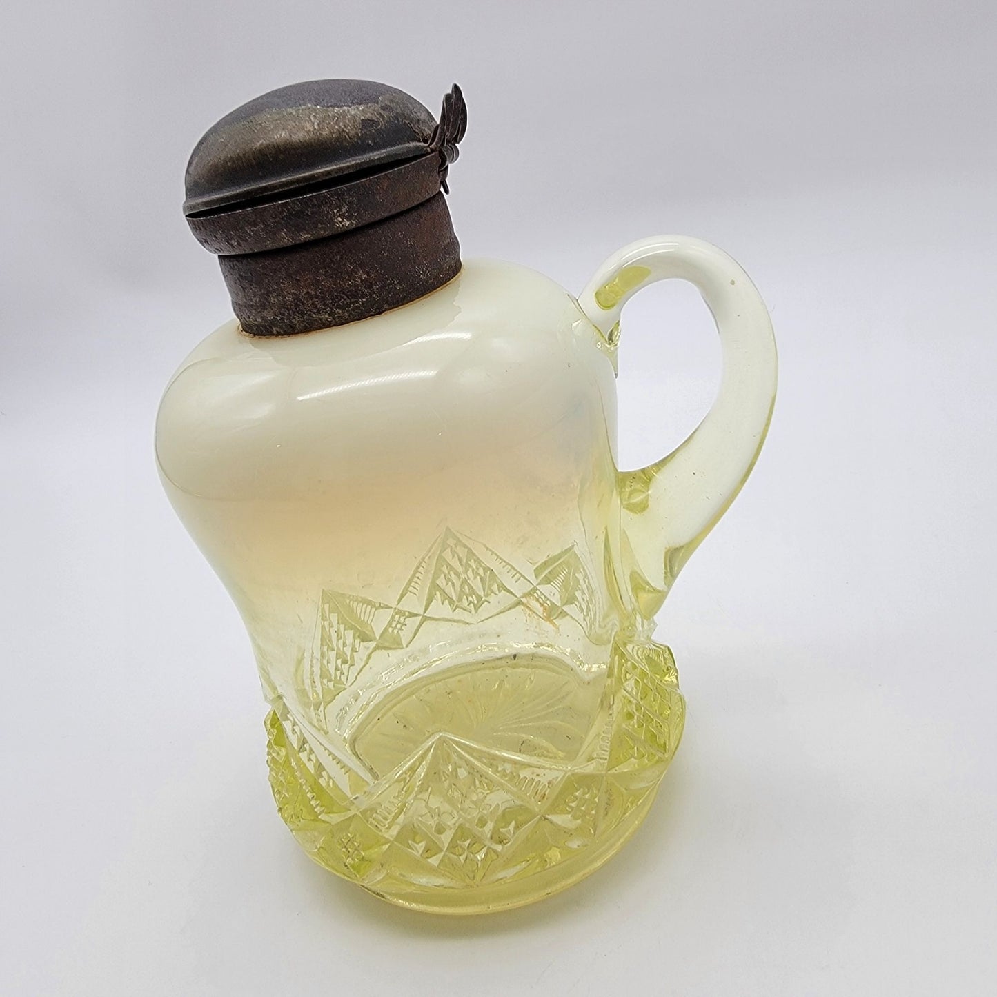 Antique National Glass Co Vaseline Opalescent Syrup Mollasses Jug  Diamond Spearhead No.22