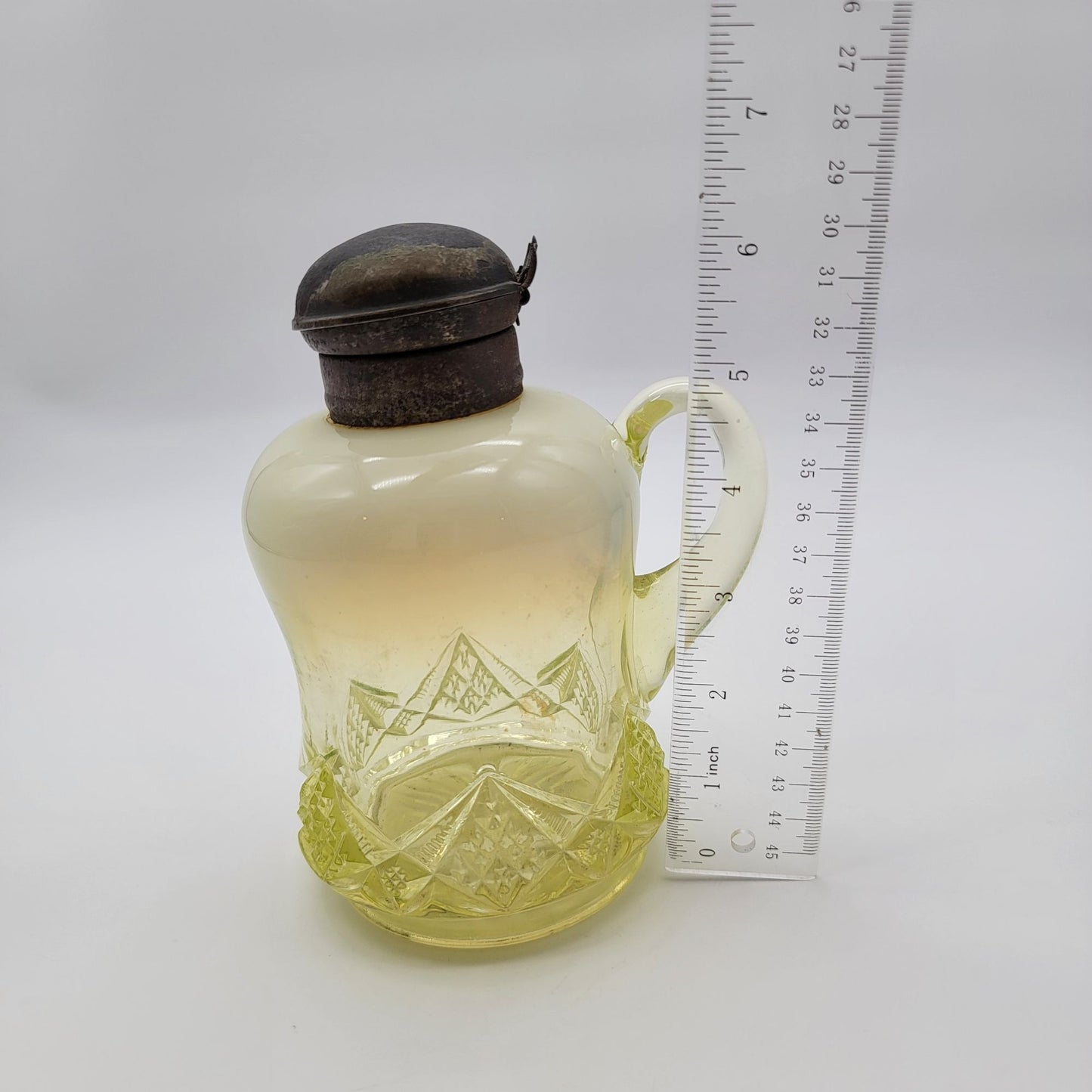 Antique National Glass Co Vaseline Opalescent Syrup Mollasses Jug  Diamond Spearhead No.22