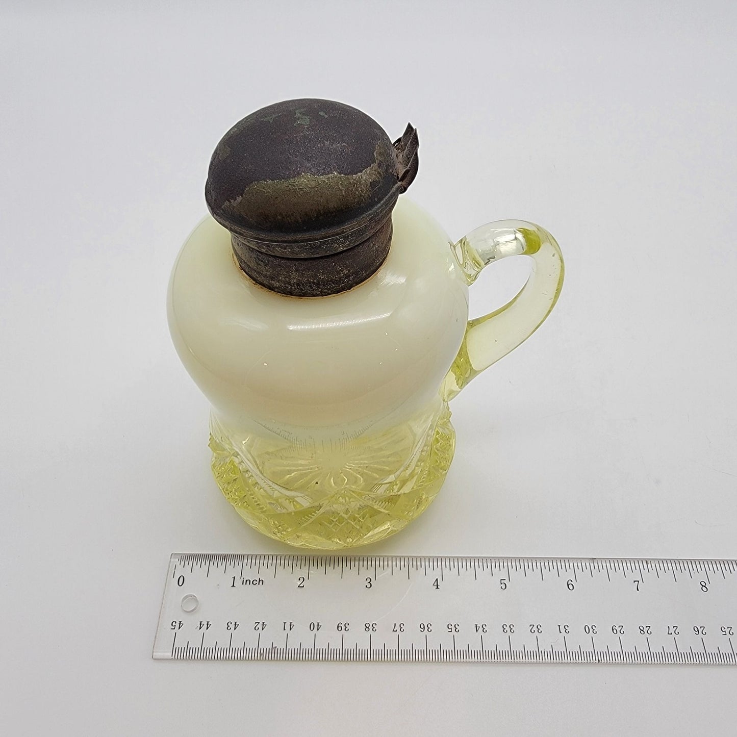 Antique National Glass Co Vaseline Opalescent Syrup Mollasses Jug  Diamond Spearhead No.22