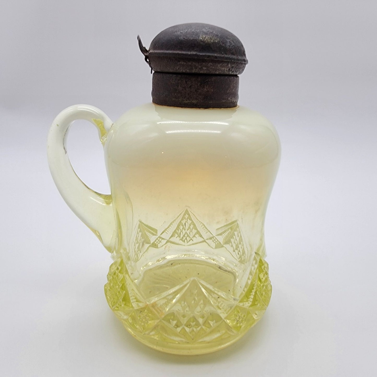 Antique National Glass Co Vaseline Opalescent Syrup Mollasses Jug  Diamond Spearhead No.22