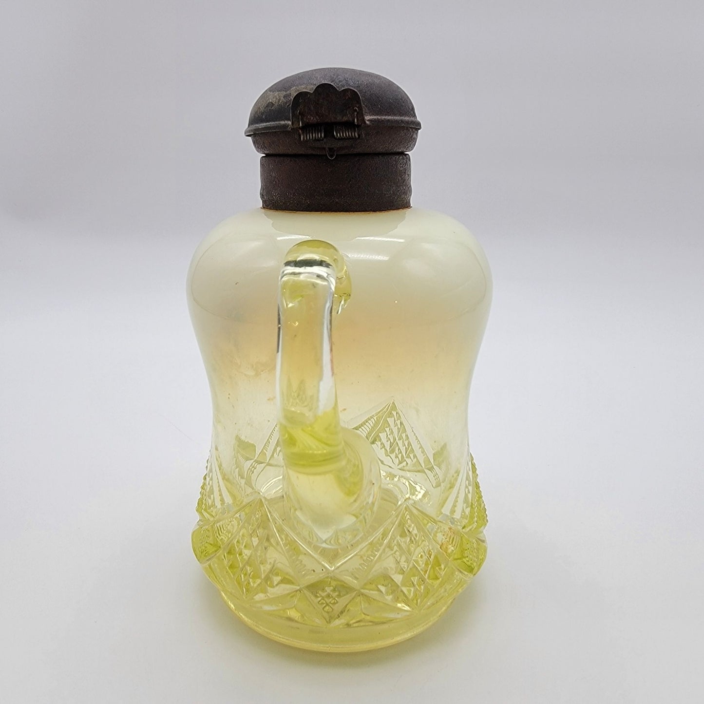 Antique National Glass Co Vaseline Opalescent Syrup Mollasses Jug  Diamond Spearhead No.22