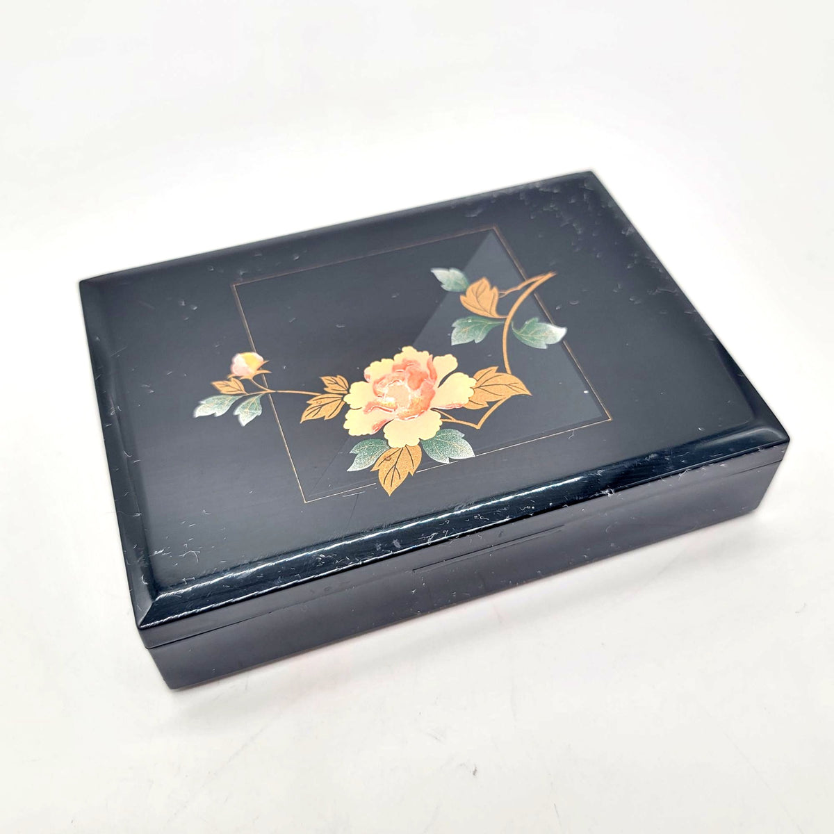 Vintage Black Lacquered Floral Jewelry Box With Mirror Made In Japan