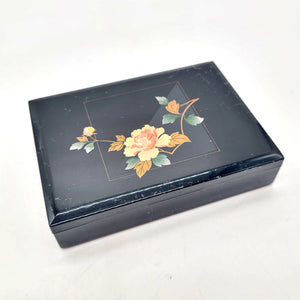 Vintage Black Lacquered Floral Jewelry Box With Mirror Made In Japan