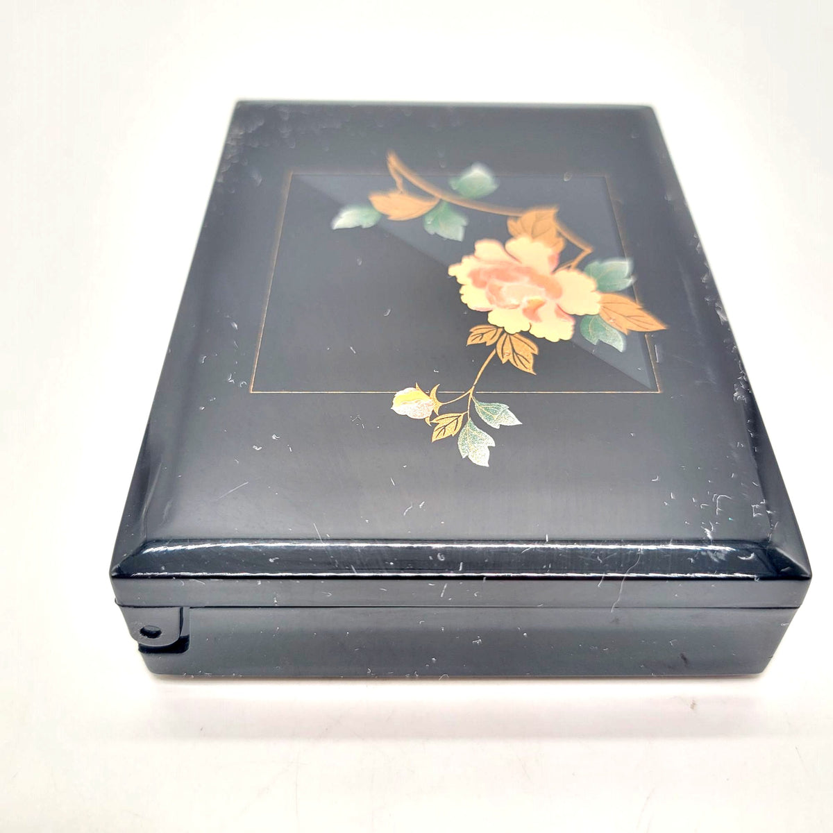 Vintage Black Lacquered Floral Jewelry Box With Mirror Made In Japan