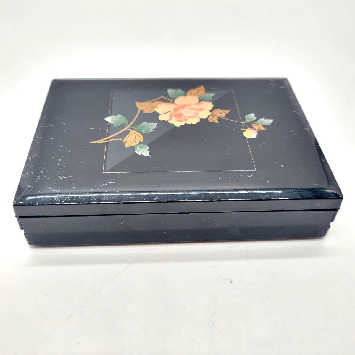 Vintage Black Lacquered Floral Jewelry Box With Mirror Made In Japan