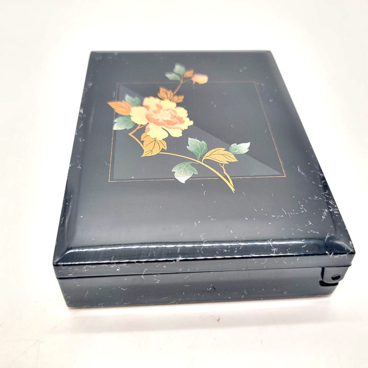 Vintage Black Lacquered Floral Jewelry Box With Mirror Made In Japan