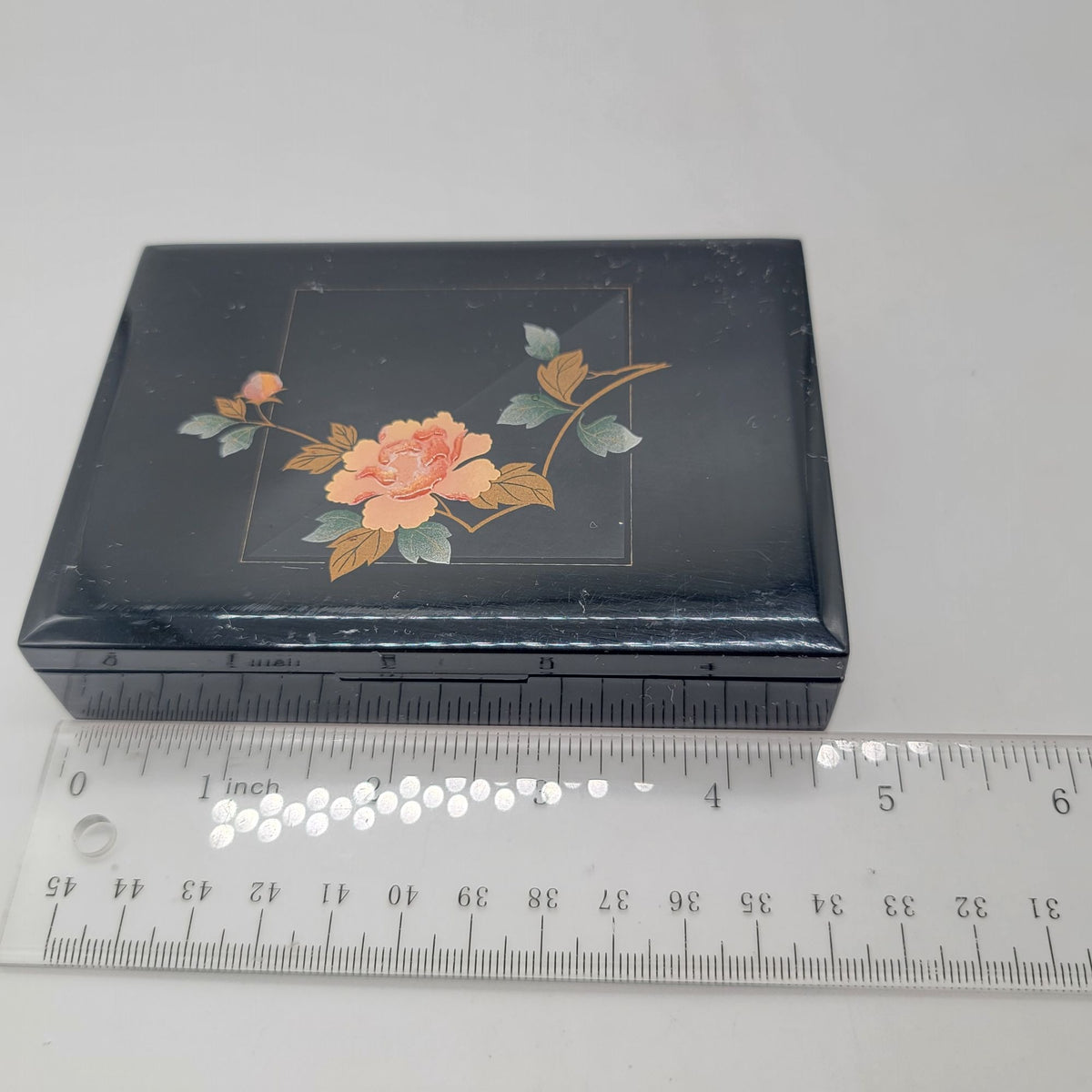 Vintage Black Lacquered Floral Jewelry Box With Mirror Made In Japan