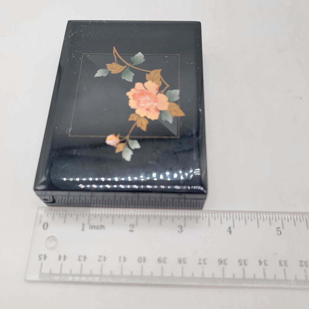 Vintage Black Lacquered Floral Jewelry Box With Mirror Made In Japan