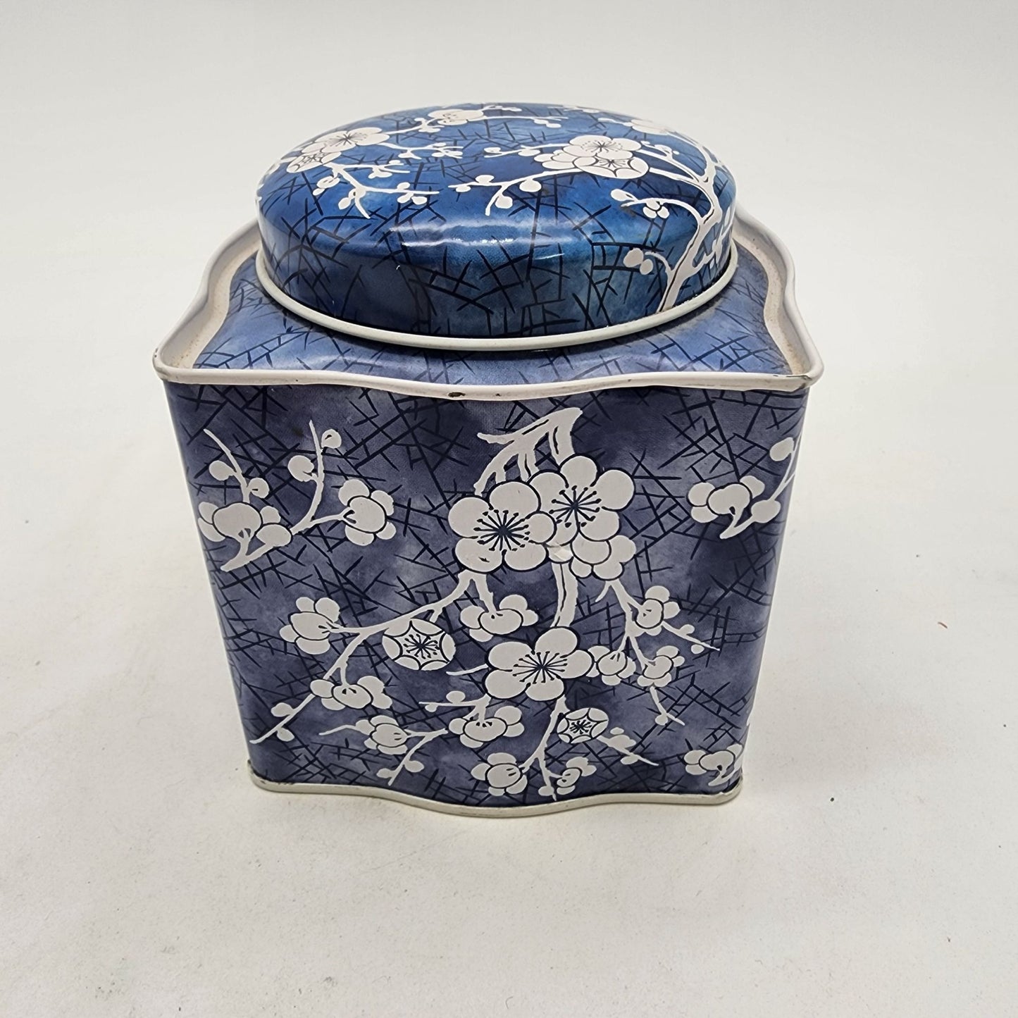Vintage Daher England Tin Tea Box With Lid Blue & White Blossom Square
