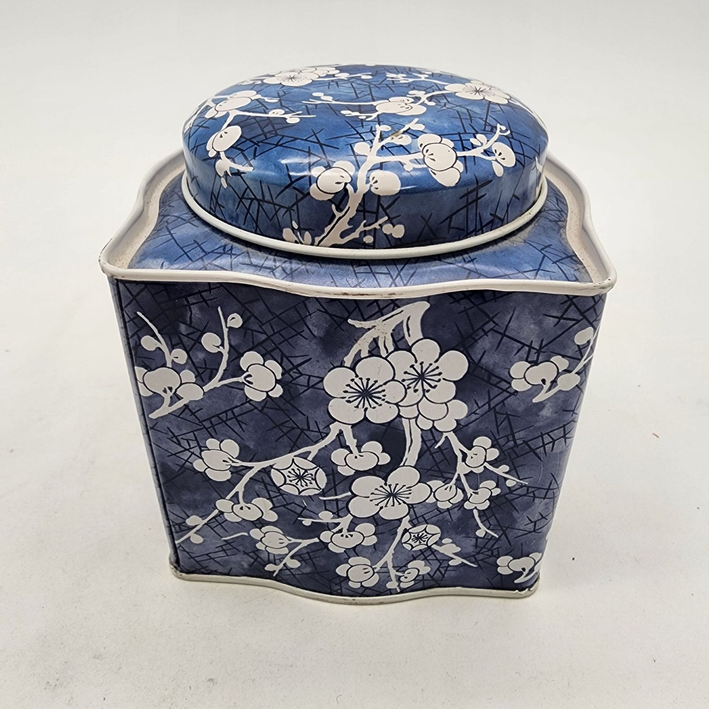 Vintage Daher England Tin Tea Box With Lid Blue & White Blossom Square