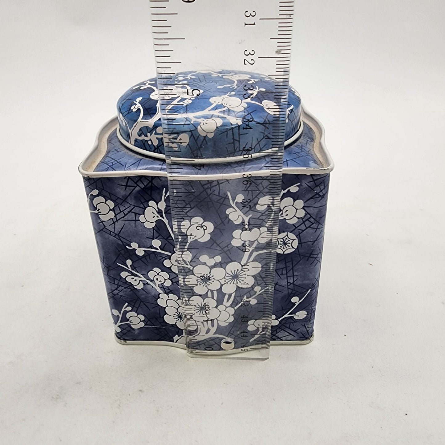 Vintage Daher England Tin Tea Box With Lid Blue & White Blossom Square