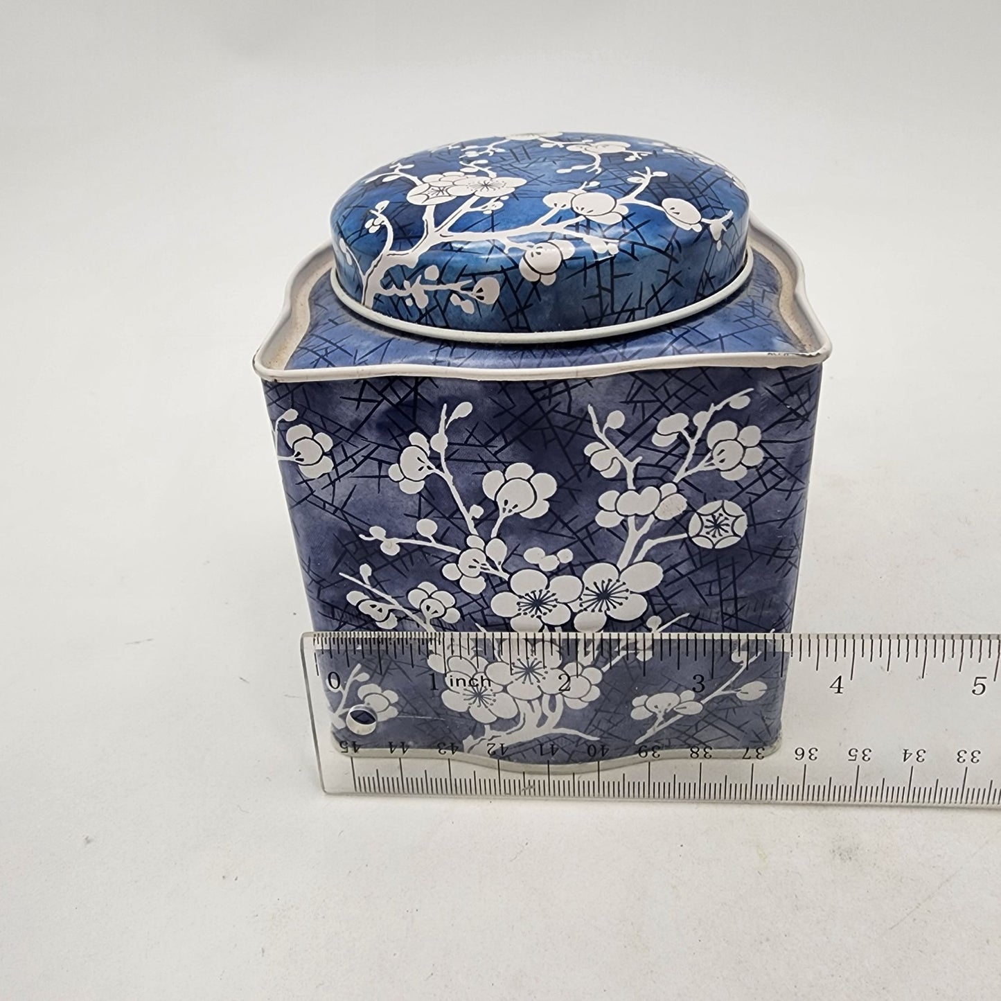 Vintage Daher England Tin Tea Box With Lid Blue & White Blossom Square