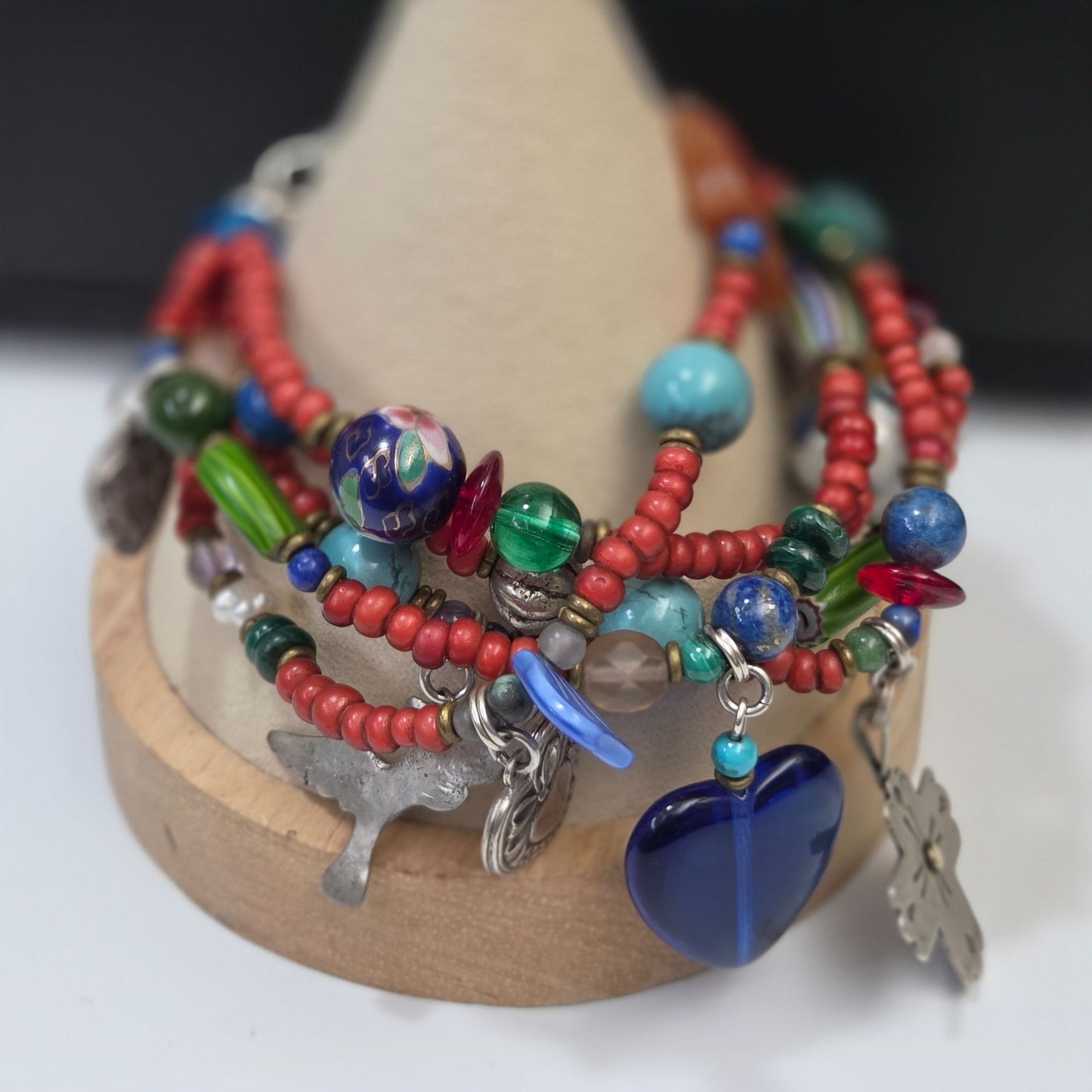 Native American Trade & Fetish Beads Multi-Strand Bracelet Turquoise Coral Glass & Silver Beads 925 Toggle Clasp 6 3/4"