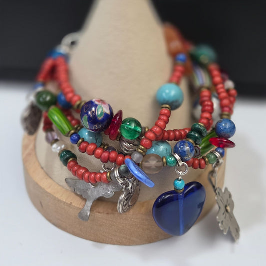 Native American Trade & Fetish Beads Multi-Strand Bracelet Turquoise Coral Glass & Silver Beads 925 Toggle Clasp 6 3/4"