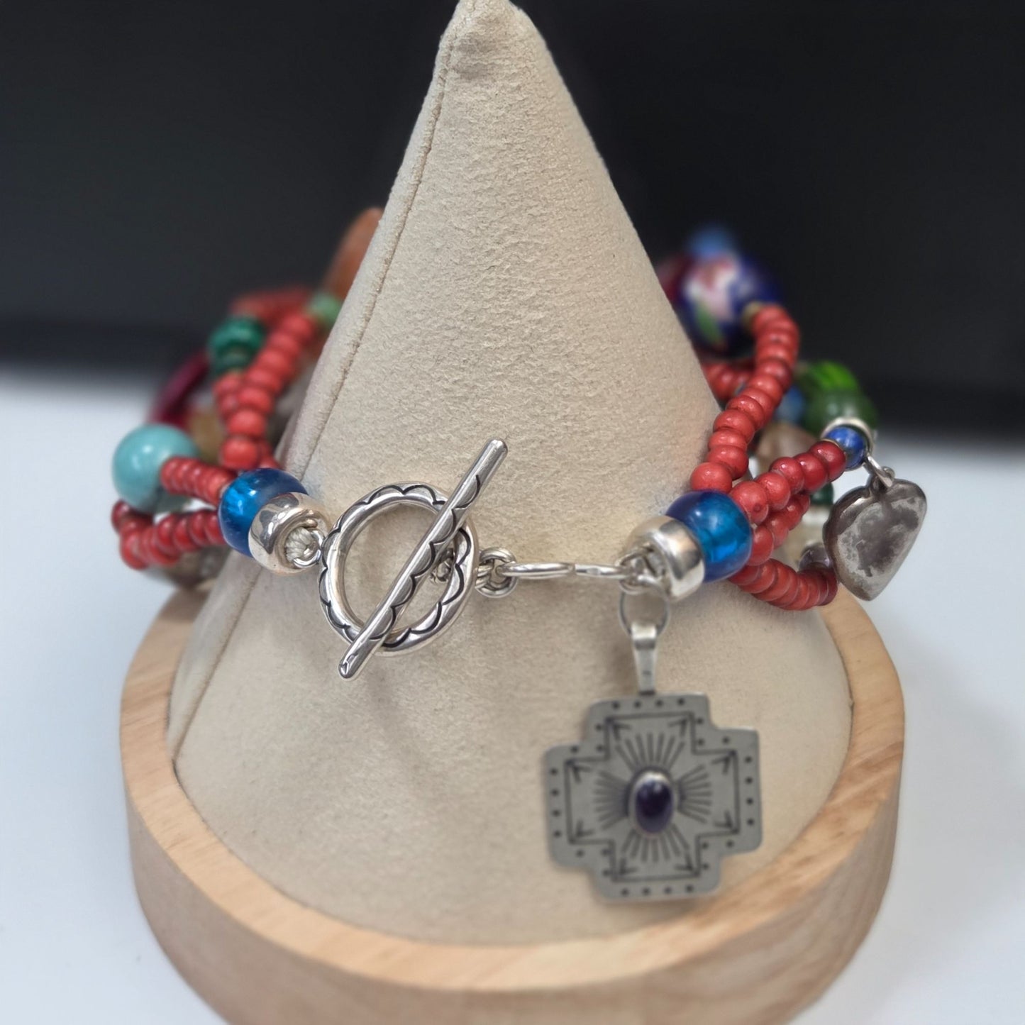 Native American Trade & Fetish Beads Multi-Strand Bracelet Turquoise Coral Glass & Silver Beads 925 Toggle Clasp 6 3/4"