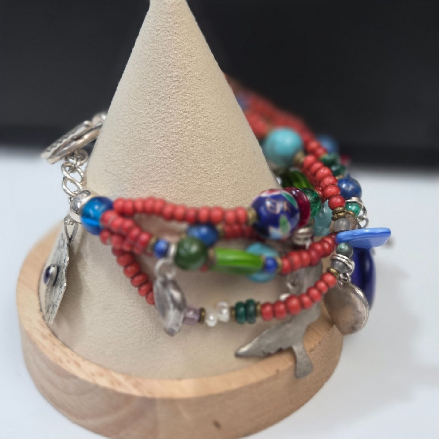 Native American Trade & Fetish Beads Multi-Strand Bracelet Turquoise Coral Glass & Silver Beads 925 Toggle Clasp 6 3/4"