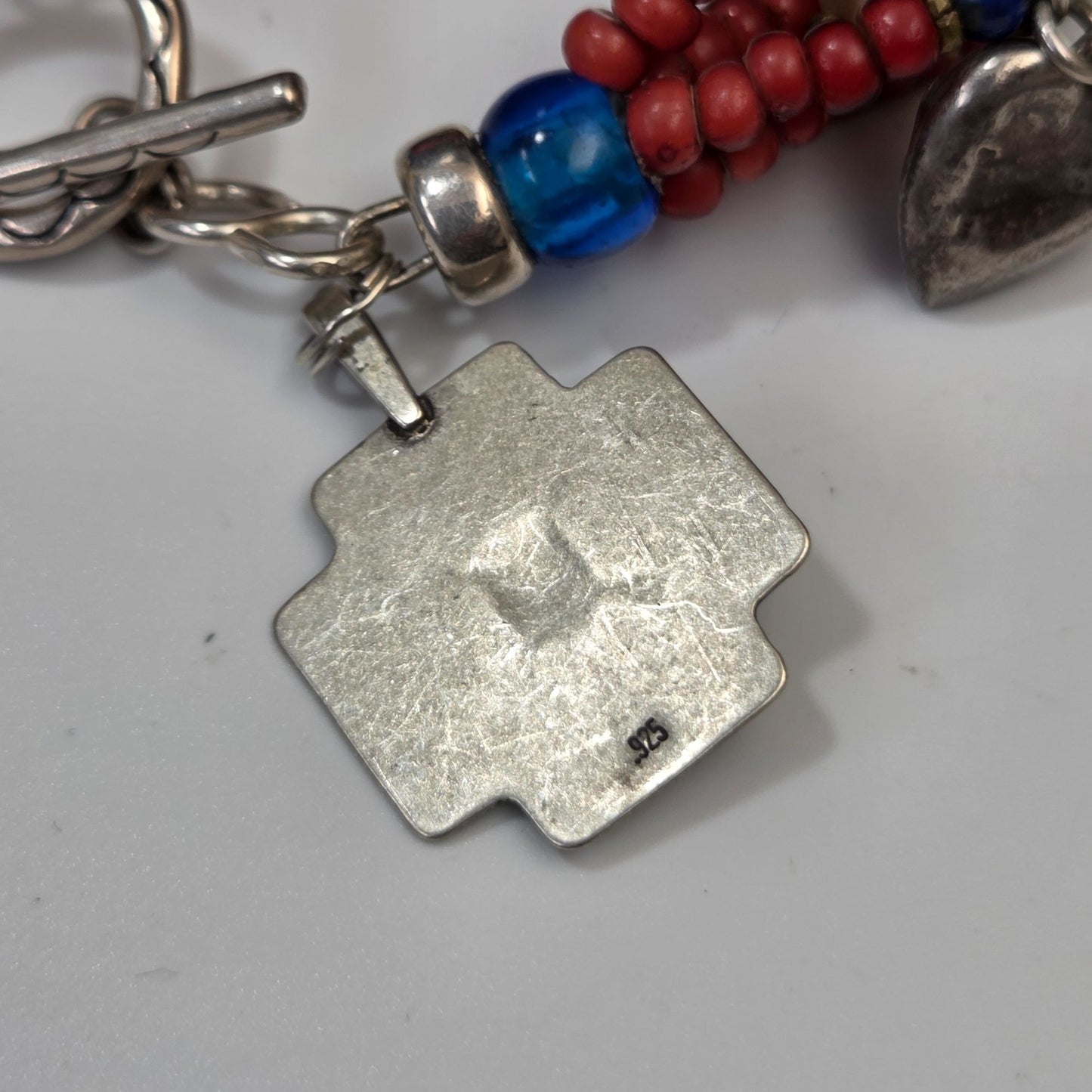 Native American Trade & Fetish Beads Multi-Strand Bracelet Turquoise Coral Glass & Silver Beads 925 Toggle Clasp 6 3/4"