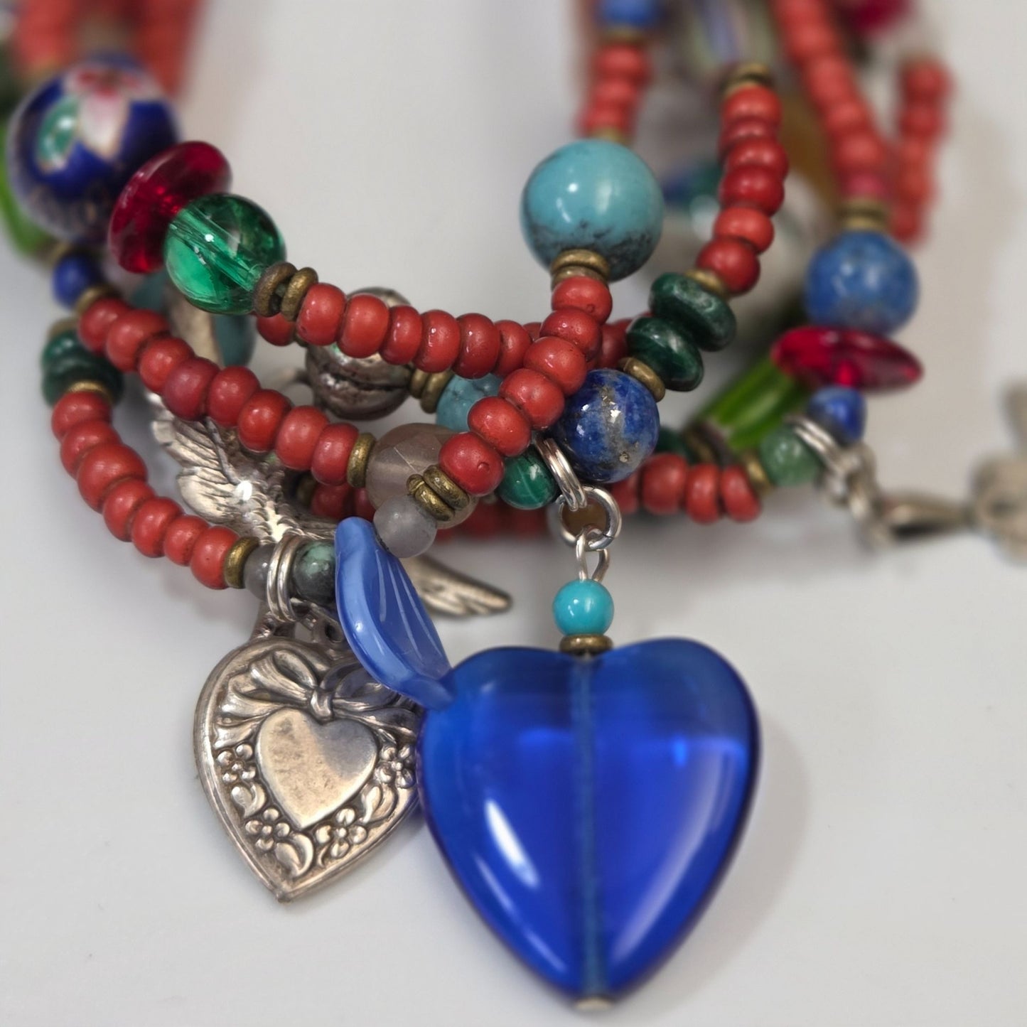 Native American Trade & Fetish Beads Multi-Strand Bracelet Turquoise Coral Glass & Silver Beads 925 Toggle Clasp 6 3/4"