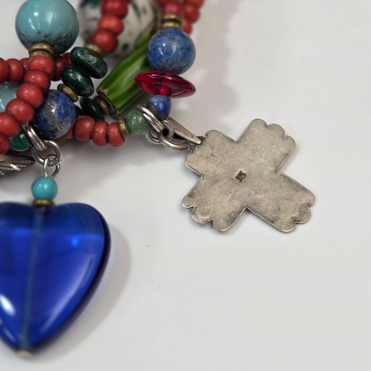 Native American Trade & Fetish Beads Multi-Strand Bracelet Turquoise Coral Glass & Silver Beads 925 Toggle Clasp 6 3/4"