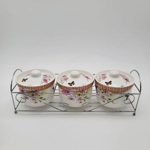Floral Porcelain Condiment Jars With Butterfly Design & Metal Rack