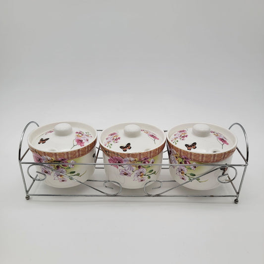 Floral Porcelain Condiment Jars With Butterfly Design & Metal Rack