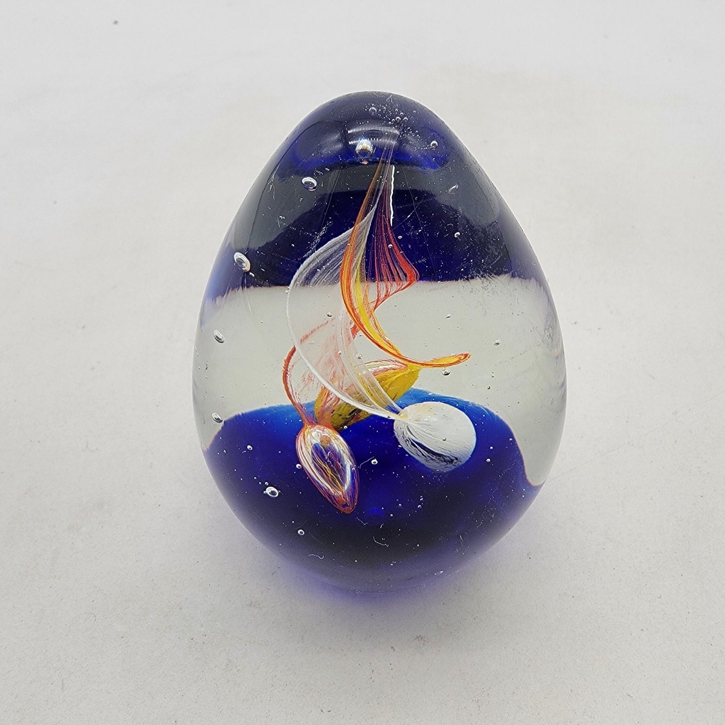 Vintage Art Glass Swirl Egg Shaped Paperweight With Red Yellow Blue
