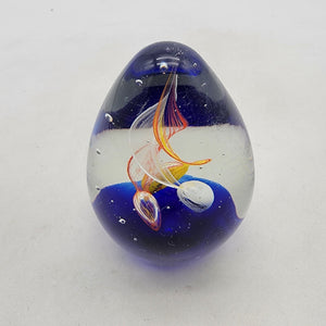 Vintage Art Glass Swirl Egg Shaped Paperweight With Red Yellow Blue