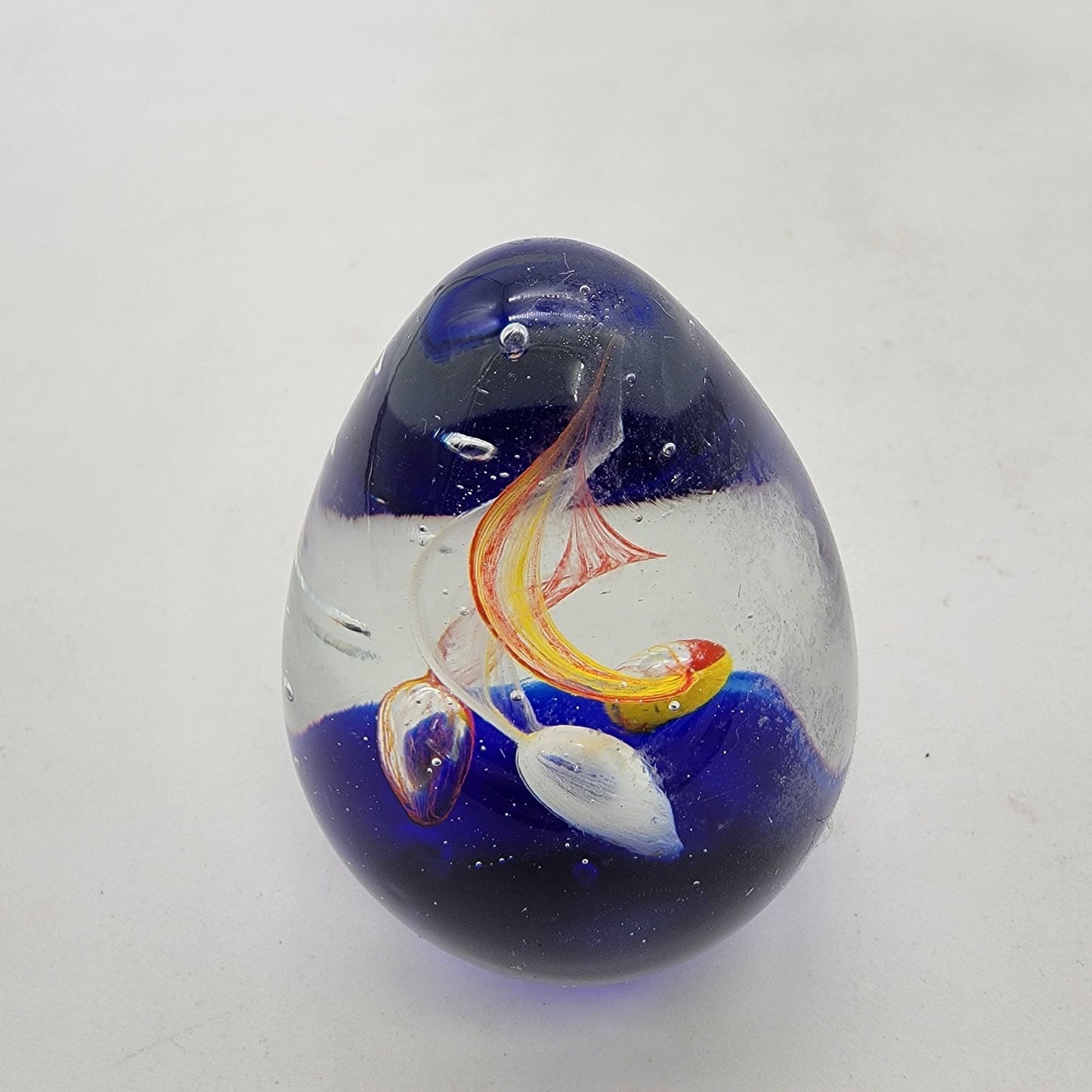 Vintage Art Glass Swirl Egg Shaped Paperweight With Red Yellow Blue