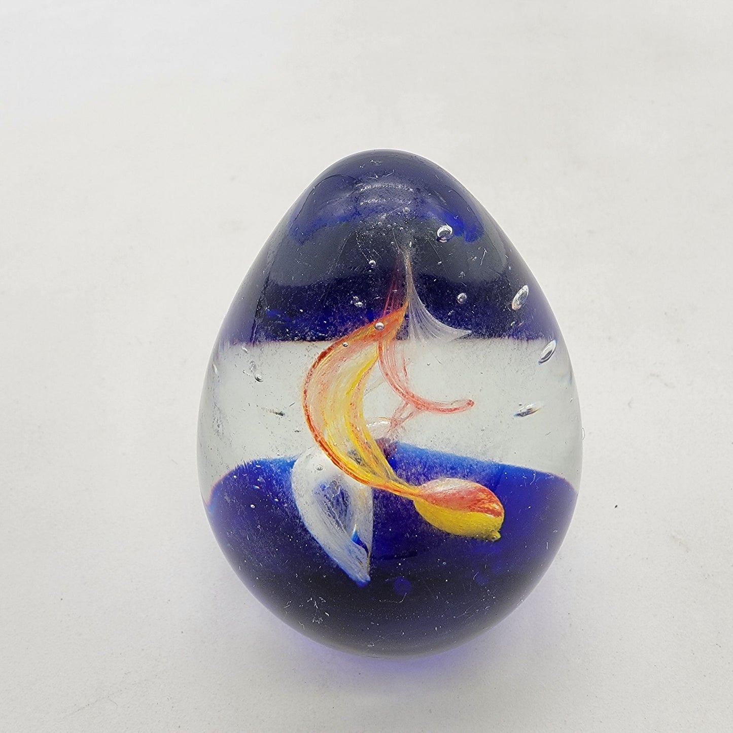 Vintage Art Glass Swirl Egg Shaped Paperweight With Red Yellow Blue