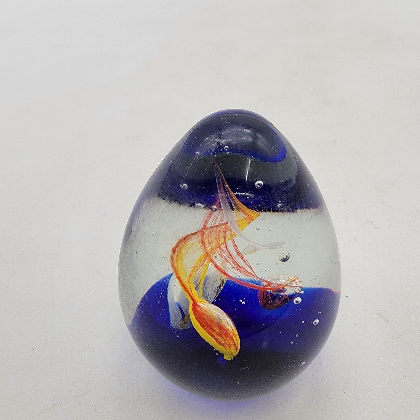 Vintage Art Glass Swirl Egg Shaped Paperweight With Red Yellow Blue