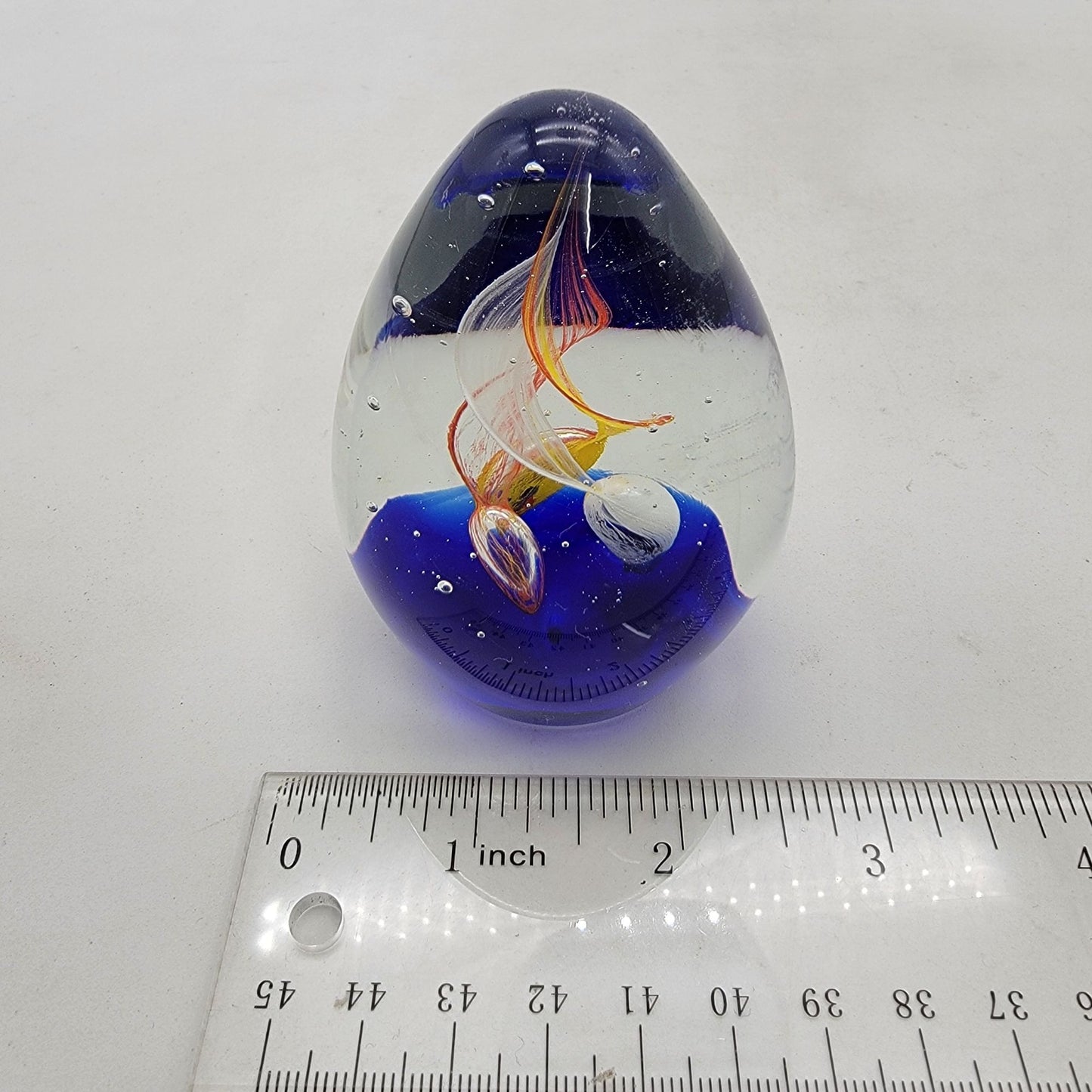 Vintage Art Glass Swirl Egg Shaped Paperweight With Red Yellow Blue