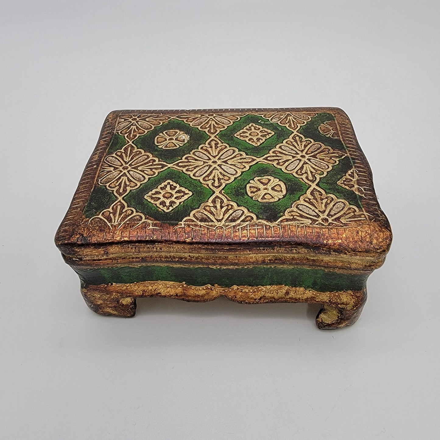 Vintage Italian Florentine Gilded Gesso Trinket Box Green & Gold