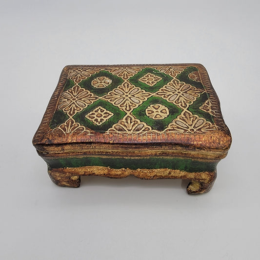 Vintage Italian Florentine Gilded Gesso Trinket Box Green & Gold
