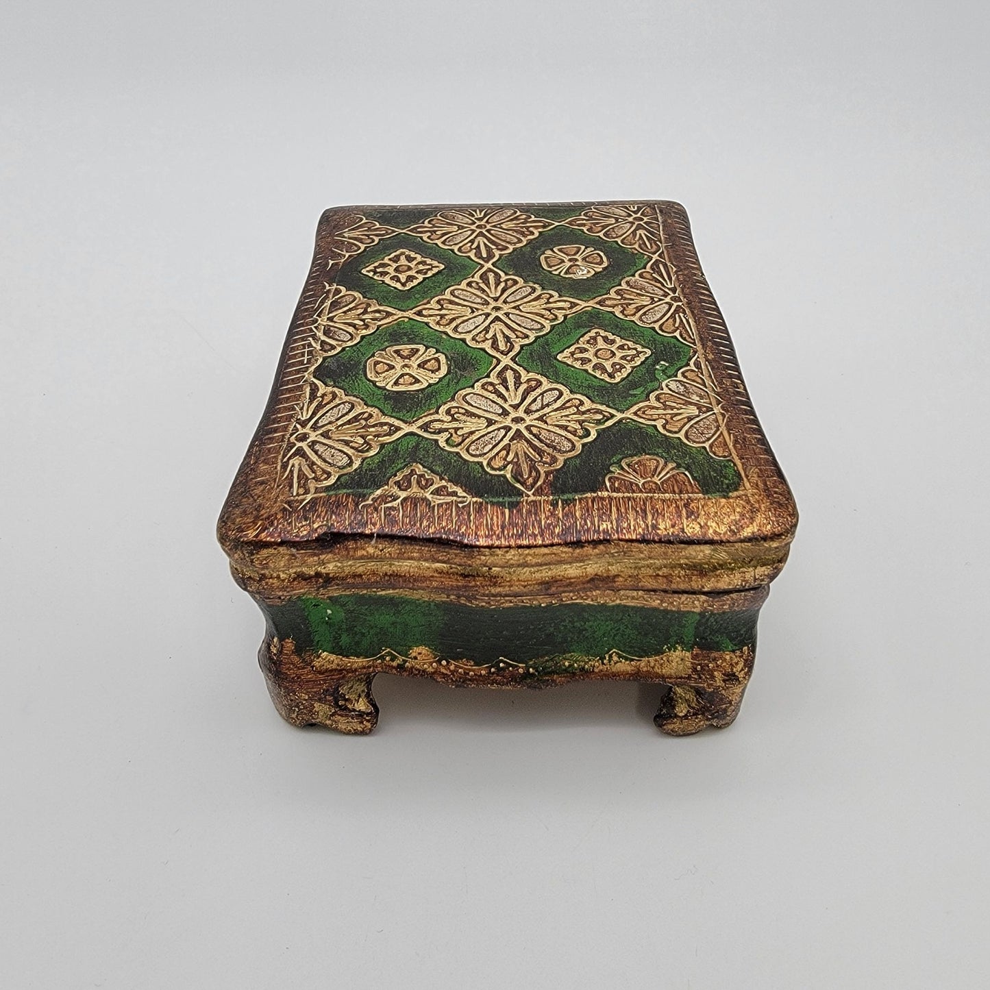 Vintage Italian Florentine Gilded Gesso Trinket Box Green & Gold