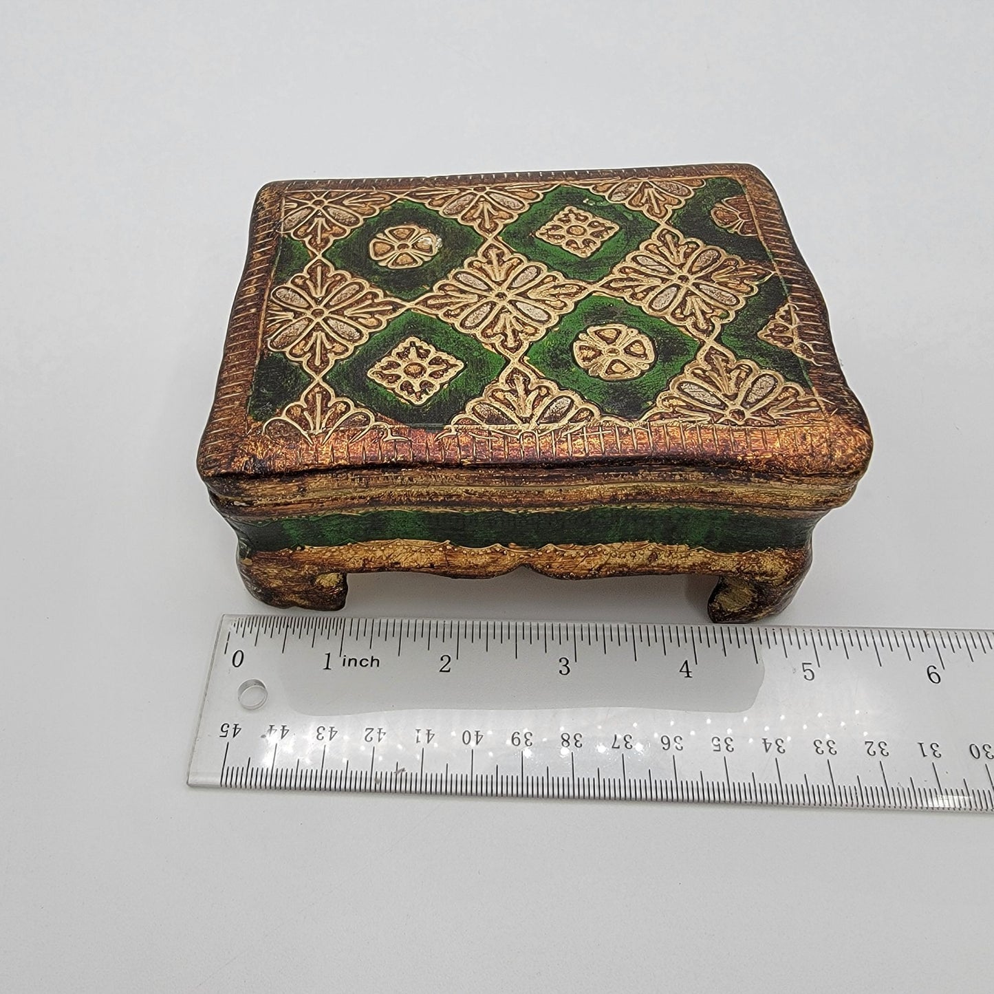 Vintage Italian Florentine Gilded Gesso Trinket Box Green & Gold