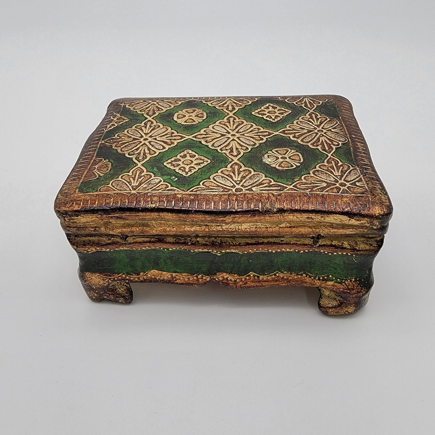 Vintage Italian Florentine Gilded Gesso Trinket Box Green & Gold