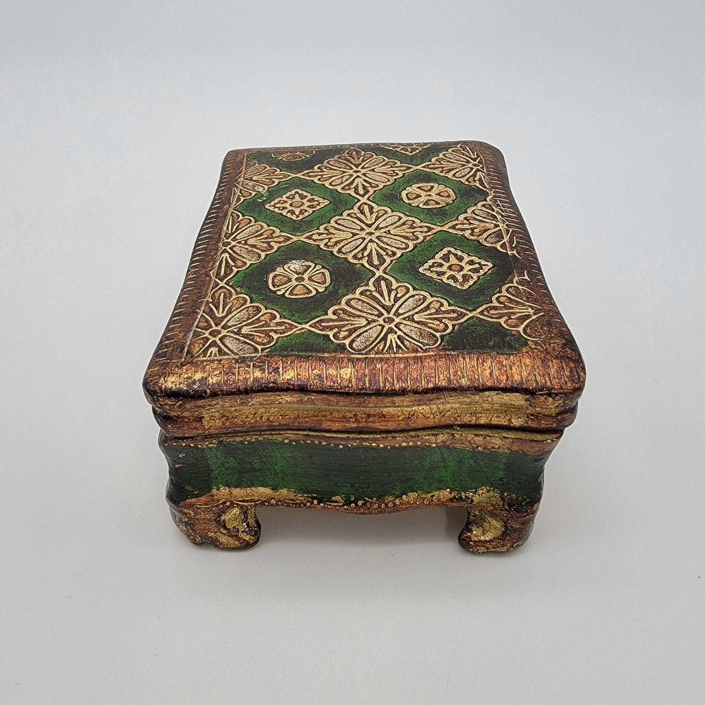Vintage Italian Florentine Gilded Gesso Trinket Box Green & Gold