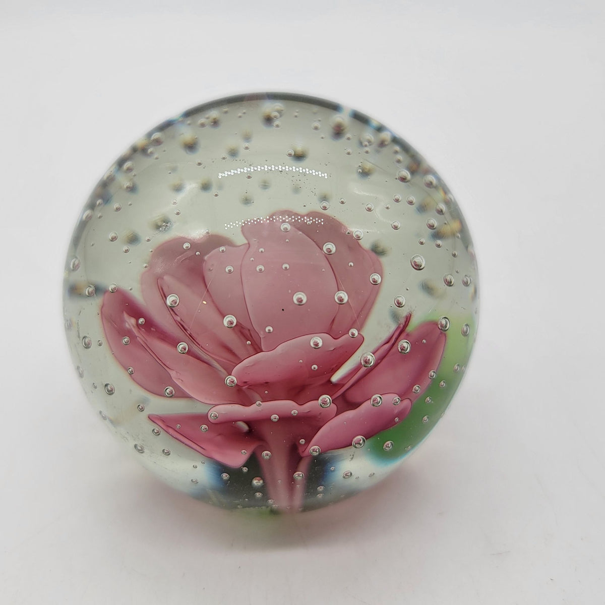 1980 Pink Rose Glass Controlled Bubbles Paperweight
