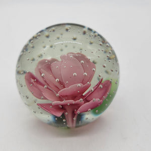 1980 Pink Rose Glass Controlled Bubbles Paperweight
