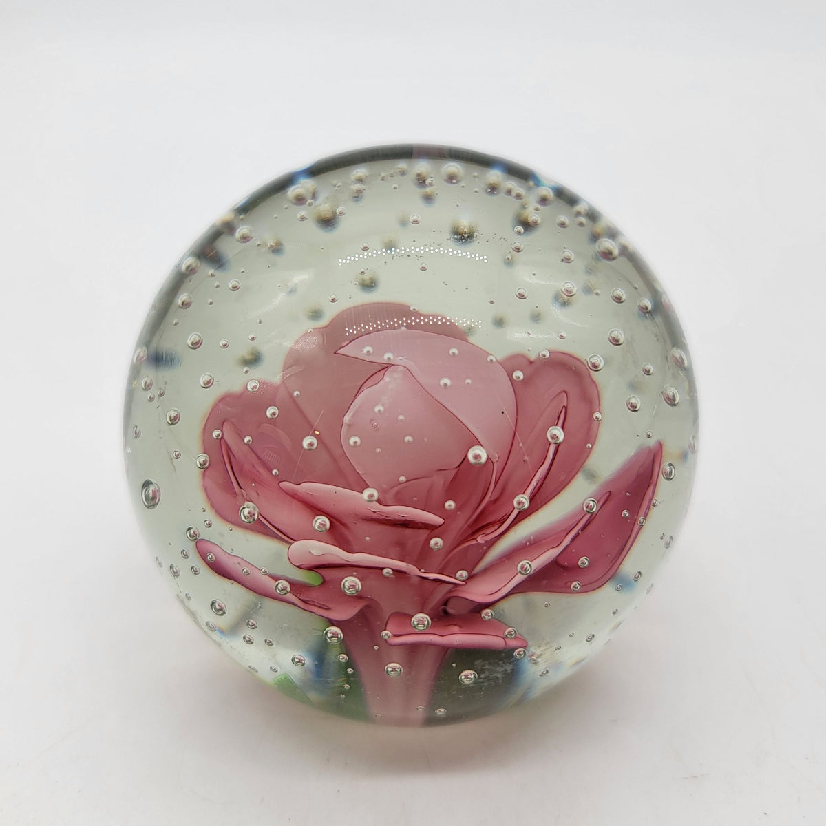 1980 Pink Rose Glass Controlled Bubbles Paperweight