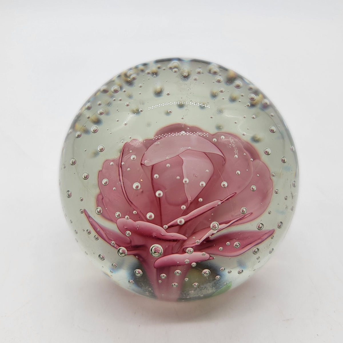 1980 Pink Rose Glass Controlled Bubbles Paperweight