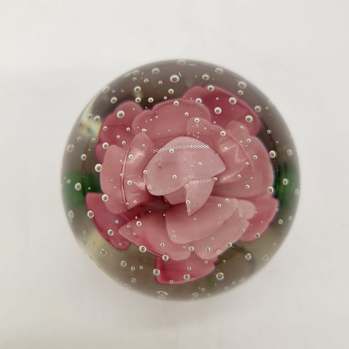 1980 Pink Rose Glass Controlled Bubbles Paperweight
