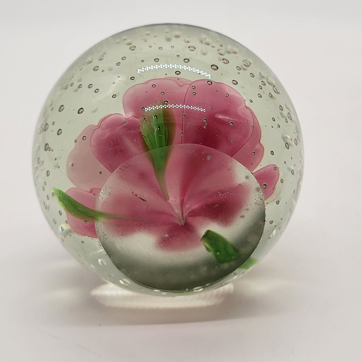 1980 Pink Rose Glass Controlled Bubbles Paperweight
