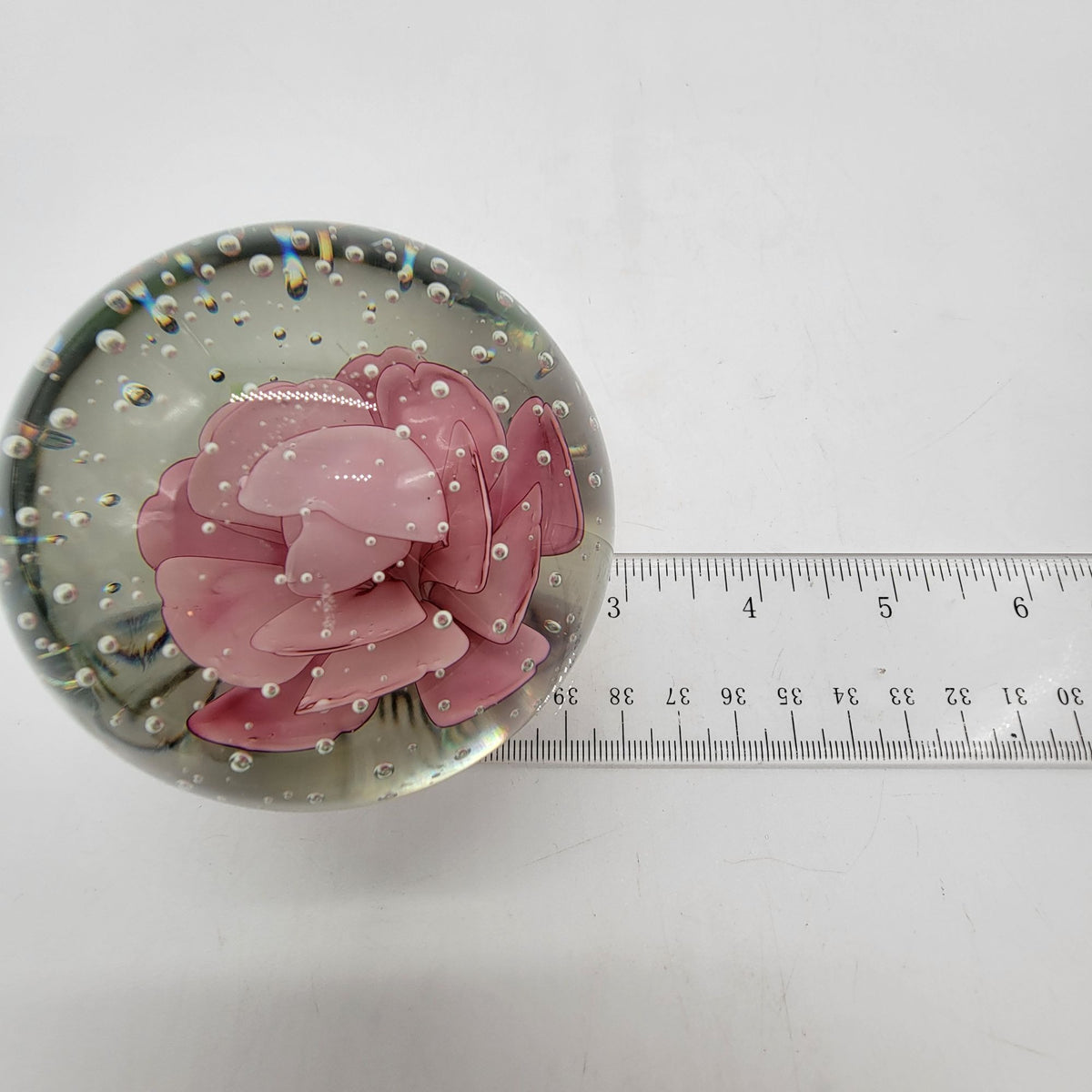1980 Pink Rose Glass Controlled Bubbles Paperweight