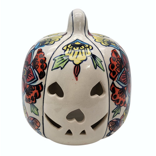 Large Talavera Style Halloween Pumpkin Jack-O-Lantern White with Red and Yellow Flowers