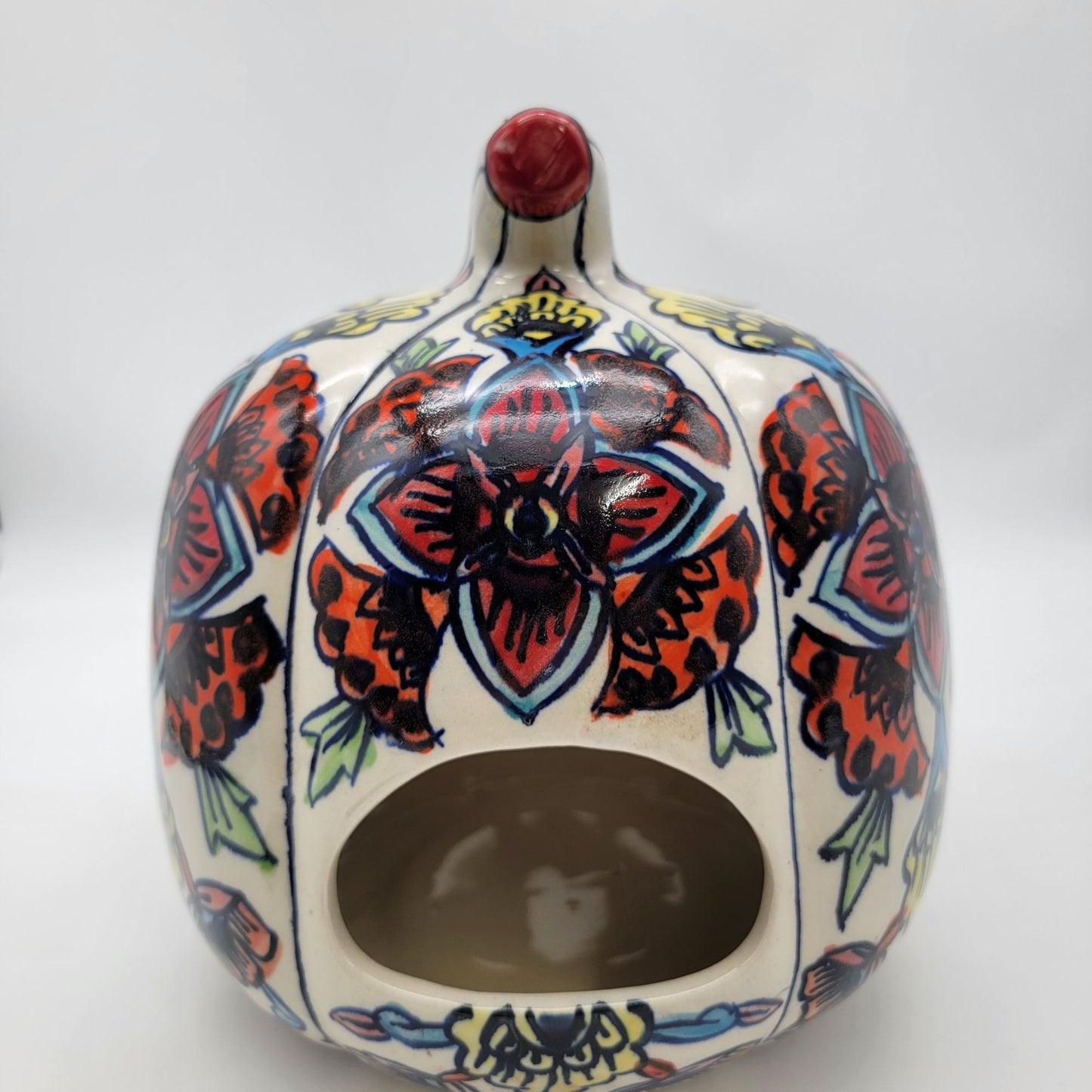 Large Talavera Style Halloween Pumpkin Jack-O-Lantern White with Red and Yellow Flowers