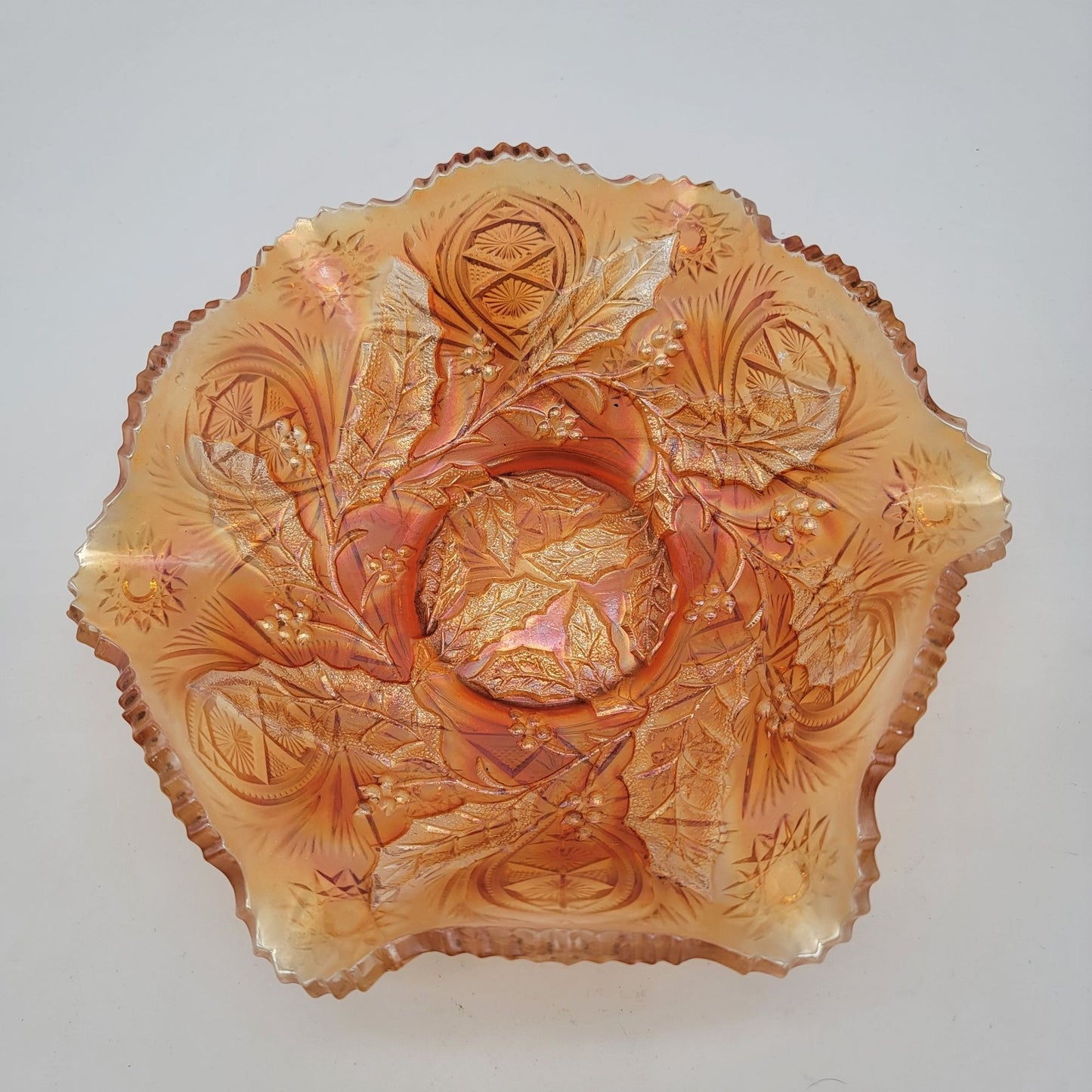 Vintage Fenton Carnival Glass Holly Pattern Marigold Bowl