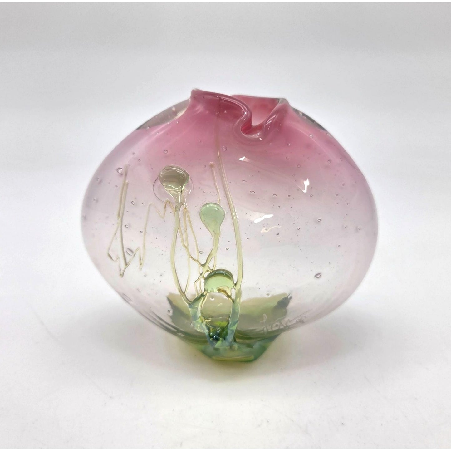 Handblown Loren Chapman Pink & Green Art Glass Vase With Rigaree