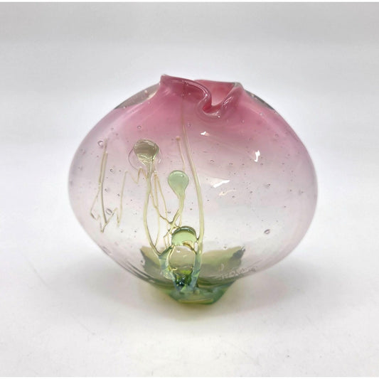 Handblown Loren Chapman Pink & Green Art Glass Vase With Rigaree